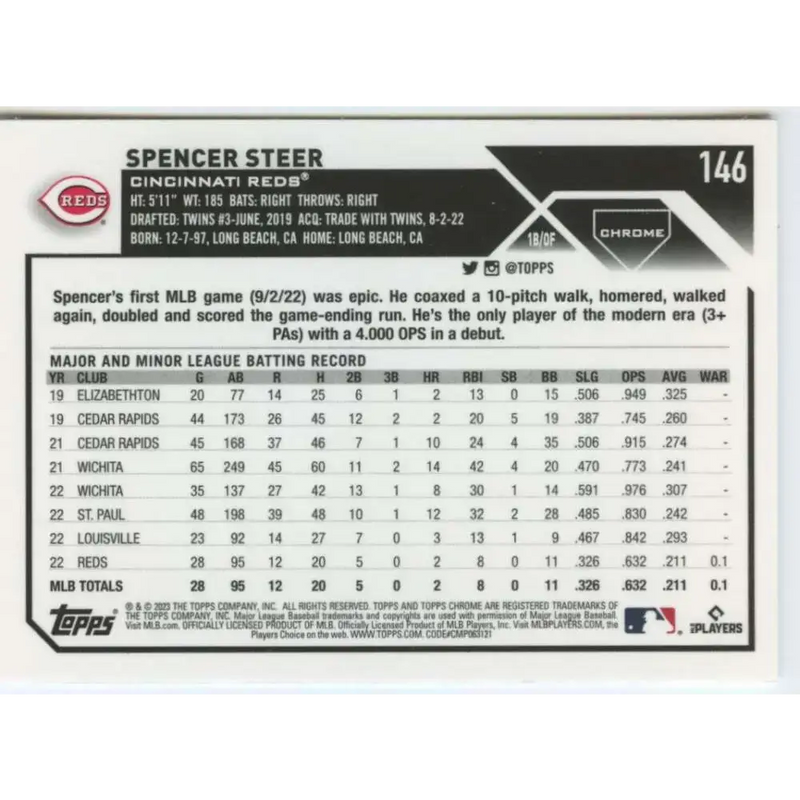 2023 Topps Chrome #146 Spencer Steer NM-MT RC Rookie Cincinnati Reds Baseball Card - Baseball Card Single