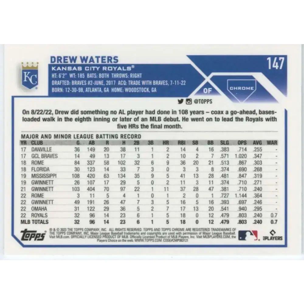 2023 Topps Chrome #147 Drew Waters NM-MT RC Rookie Kansas City Royals Baseball Card - Baseball Card Single