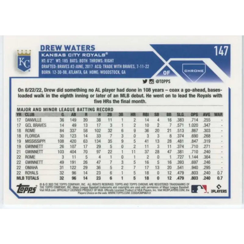 2023 Topps Chrome #147 Drew Waters NM-MT RC Rookie Kansas City Royals Baseball Card - Baseball Card Single