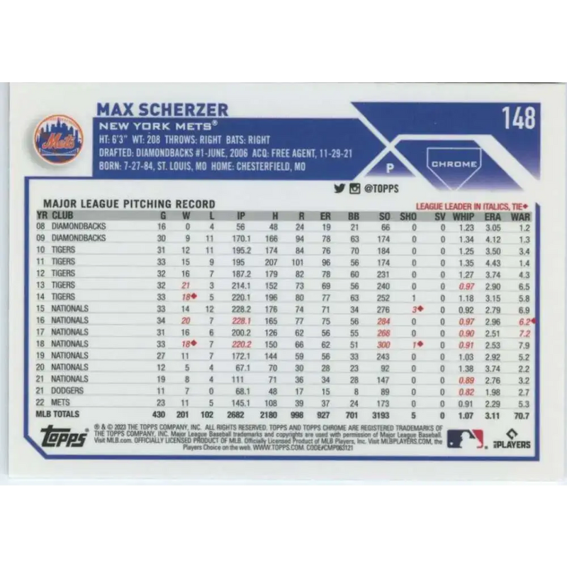 2023 Topps Chrome #148 Max Scherzer NM-MT New York Mets Baseball Card - Baseball Card Single