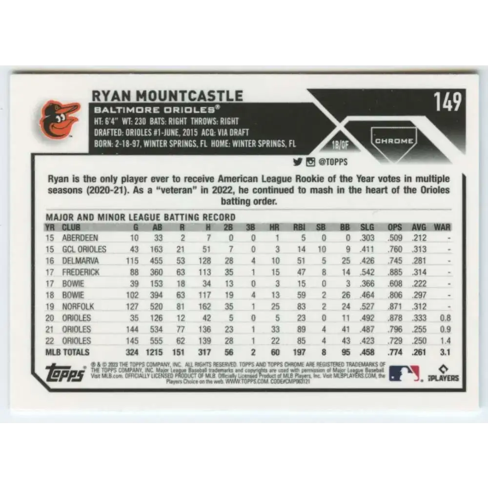 2023 Topps Chrome #149 Ryan Mountcastle NM-MT Baltimore Orioles Baseball Card - Baseball Card Single