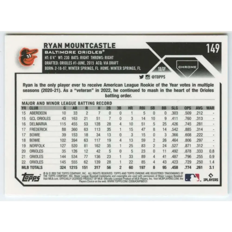 2023 Topps Chrome #149 Ryan Mountcastle NM-MT Baltimore Orioles Baseball Card - Baseball Card Single