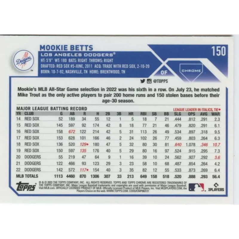 2023 Topps Chrome #150 Mookie Betts NM-MT Los Angeles Dodgers Baseball Card - Baseball Card Single