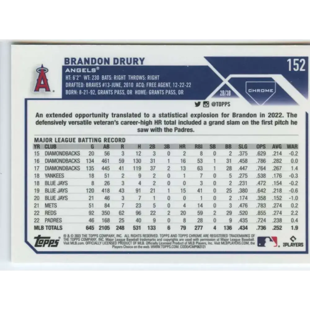 2023 Topps Chrome #152 Brandon Drury NM-MT Los Angeles Angels Baseball Card - Baseball Card Single