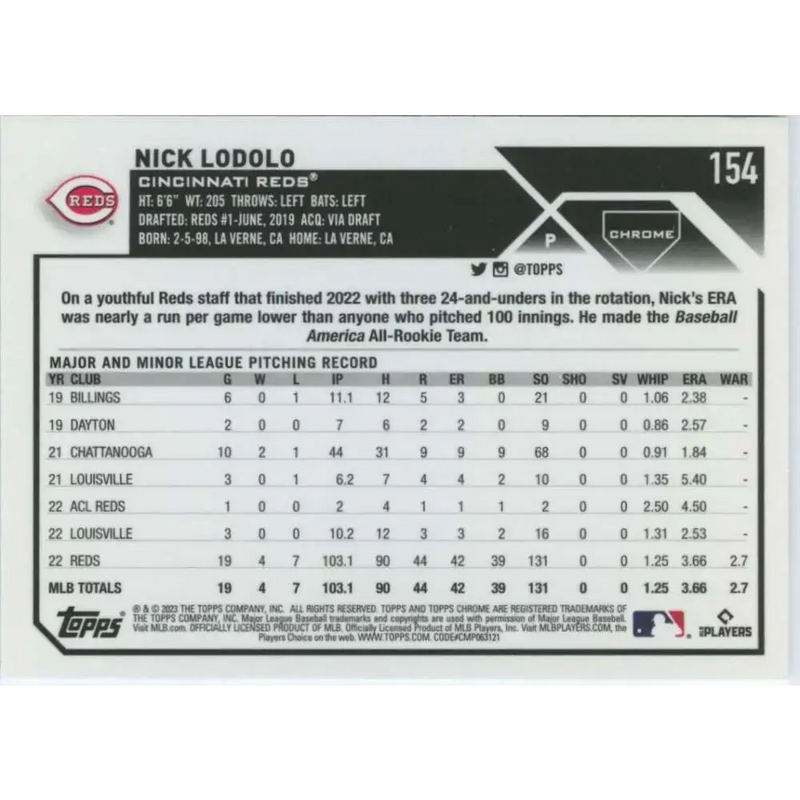 2023 Topps Chrome #154 Nick Lodolo NM-MT Cincinnati Reds Baseball Card - Baseball Card Single
