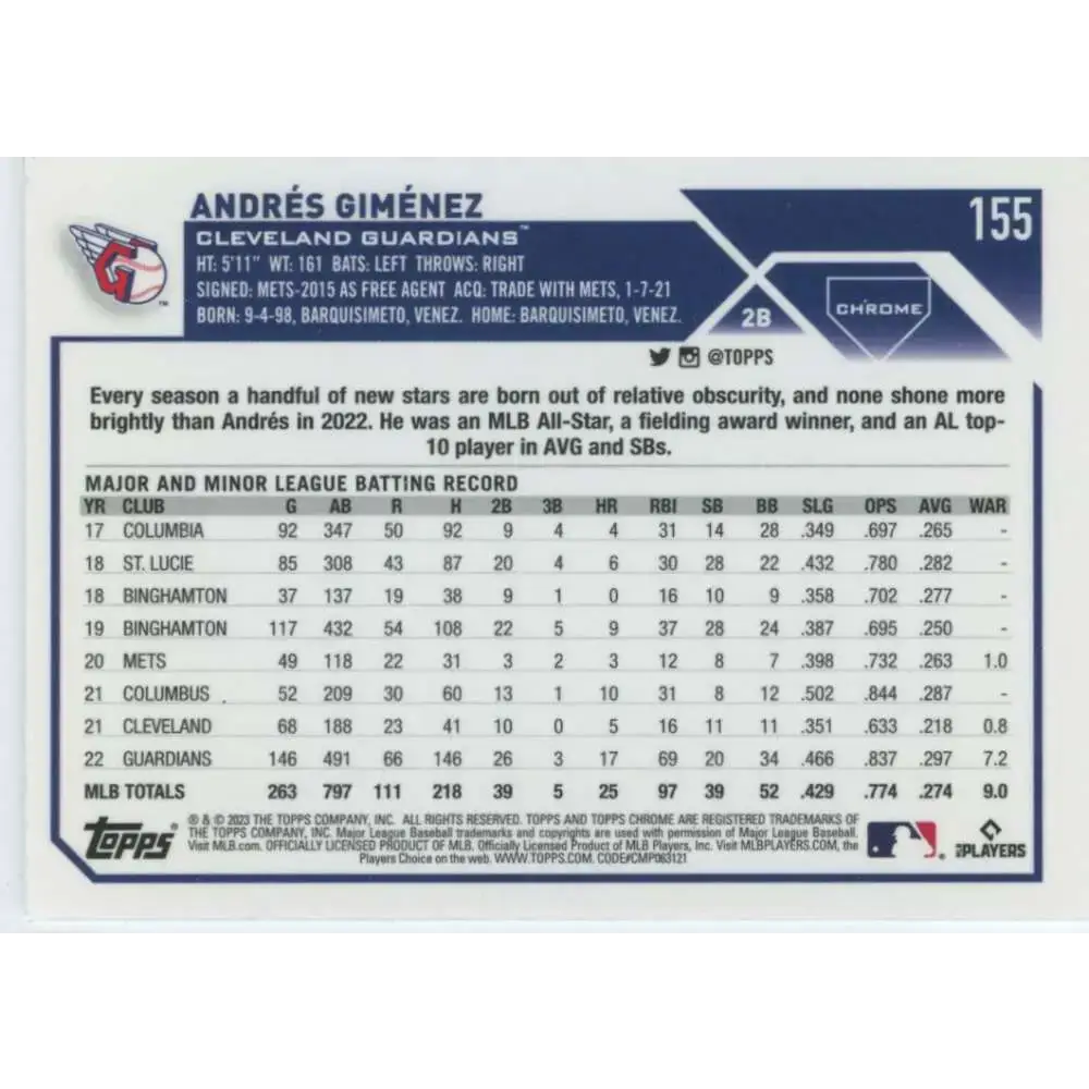 2023 Topps Chrome #155 Andres Gimenez NM-MT Cleveland Guardians Baseball Card - Baseball Card Single