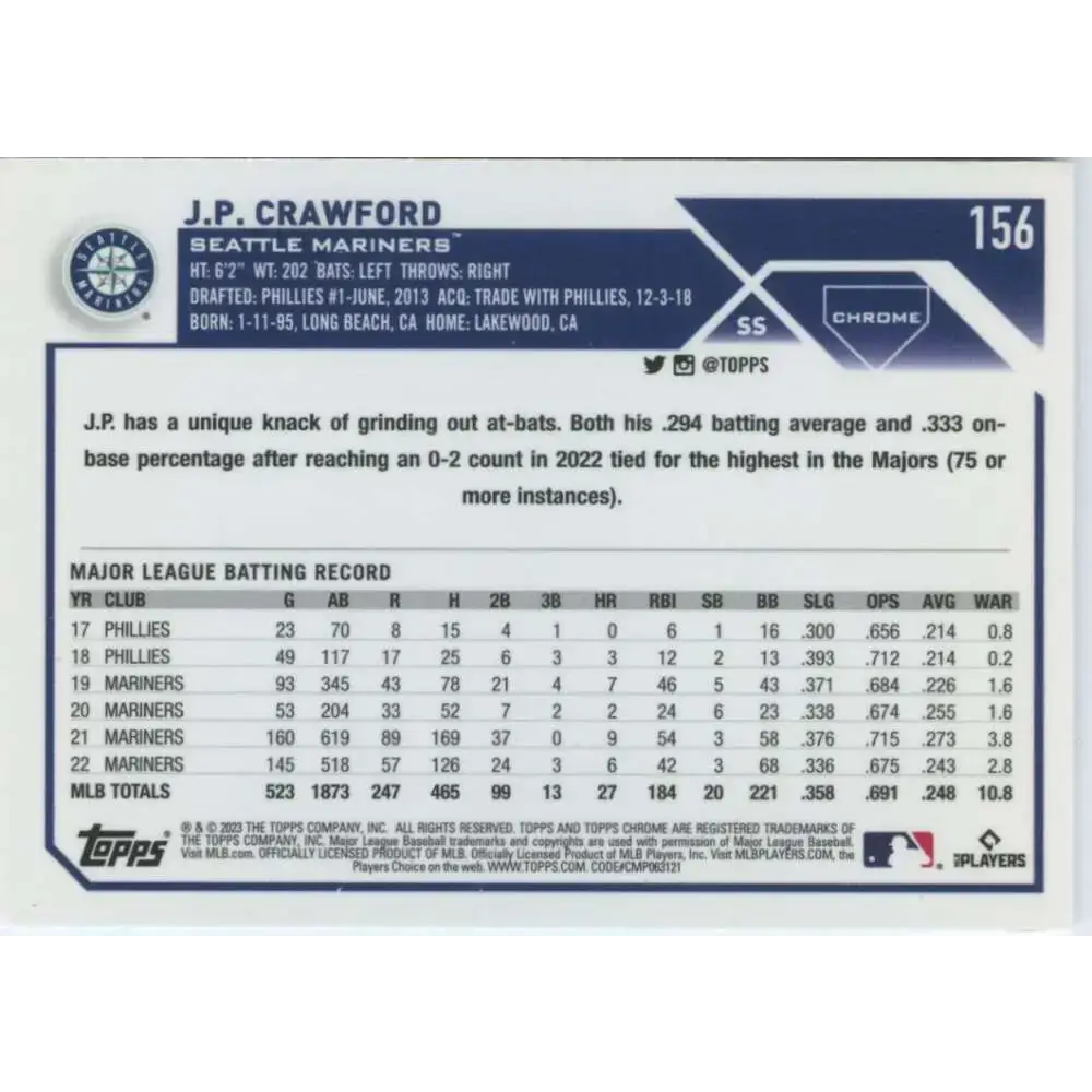 2023 Topps Chrome #156 J.P. Crawford NM-MT Seattle Mariners Baseball Card - Baseball Card Single