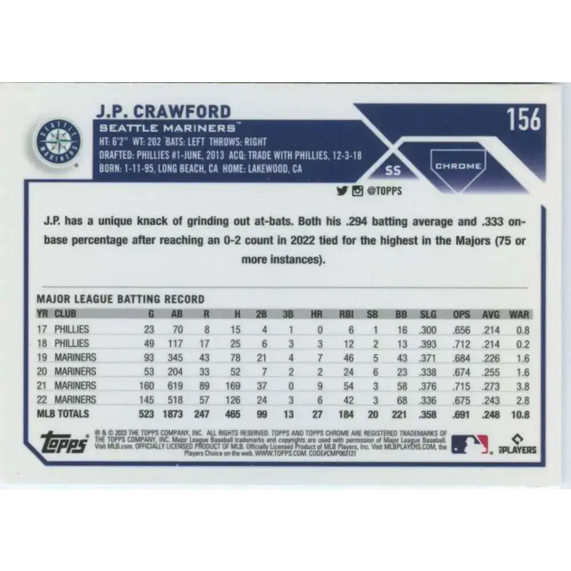 2023 Topps Chrome #156 J.P. Crawford NM-MT Seattle Mariners Baseball Card - Baseball Card Single