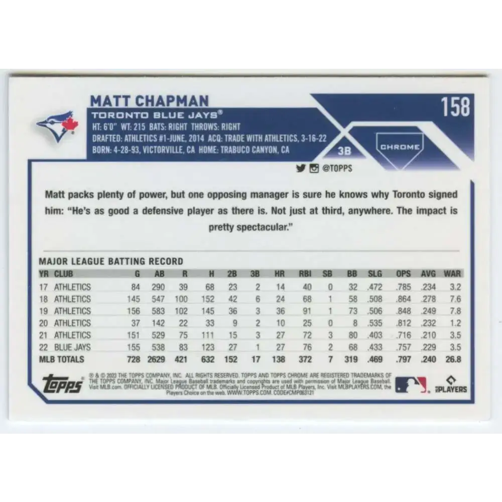 2023 Topps Chrome #158 Matt Chapman NM-MT Toronto Blue Jays Baseball Card - Baseball Card Single
