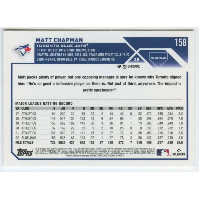 2023 Topps Chrome #158 Matt Chapman NM-MT Toronto Blue Jays Baseball Card - Baseball Card Single