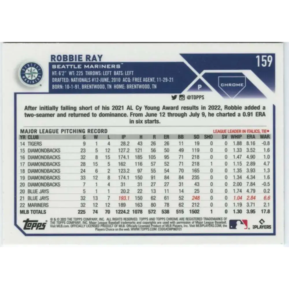 2023 Topps Chrome #159 Robbie Ray NM-MT Seattle Mariners Baseball Card - Baseball Card Single