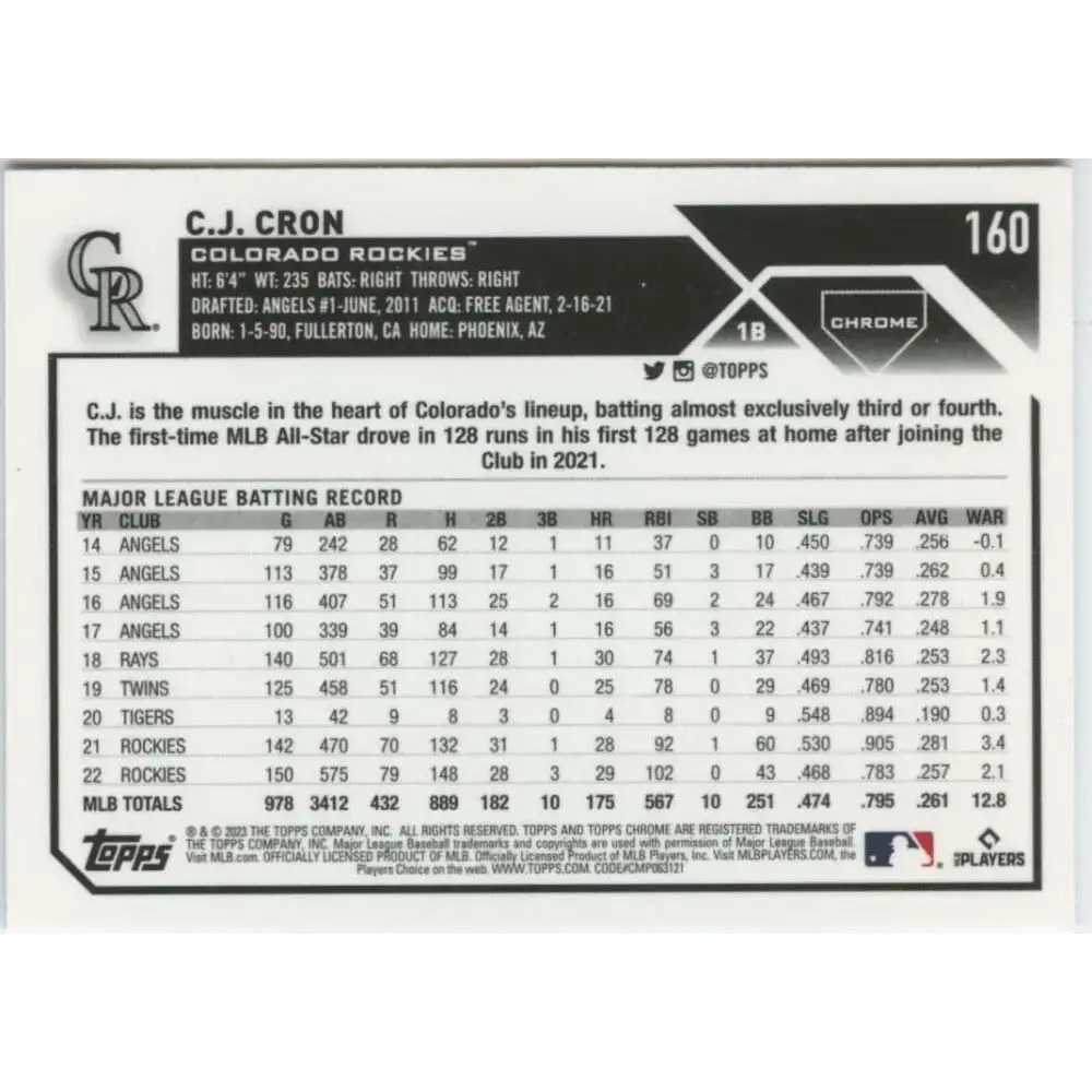 2023 Topps Chrome #160 C.J. Cron NM-MT Colorado Rockies Baseball Card - Baseball Card Single