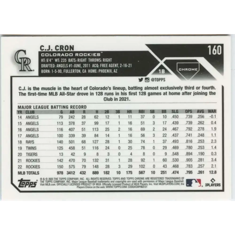 2023 Topps Chrome #160 C.J. Cron NM-MT Colorado Rockies Baseball Card - Baseball Card Single