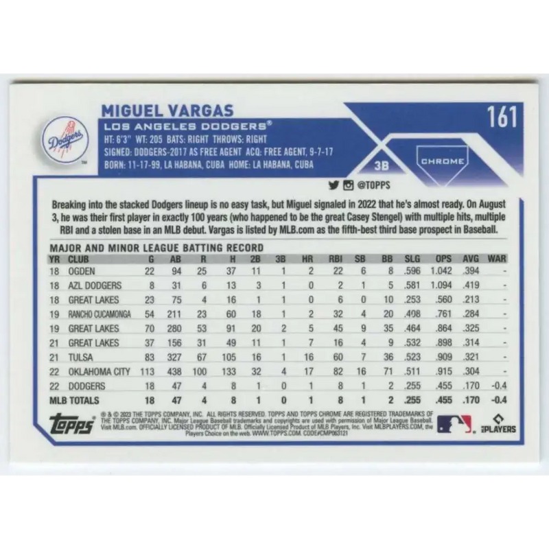 2023 Topps Chrome #161 Miguel Vargas NM-MT RC Rookie Los Angeles Dodgers Baseball Card - Baseball Card Single