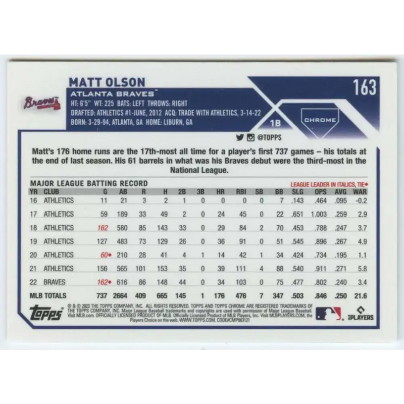 2023 Topps Chrome #163 Matt Olson NM-MT Atlanta Braves Baseball Card - Baseball Card Single