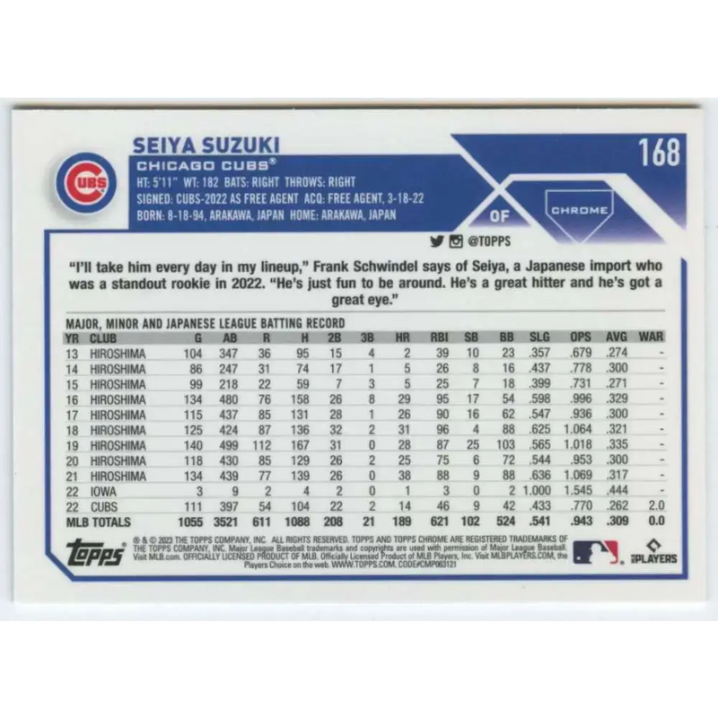2023 Topps Chrome #168 Seiya Suzuki NM-MT Chicago Cubs Baseball Card - Baseball Card Single