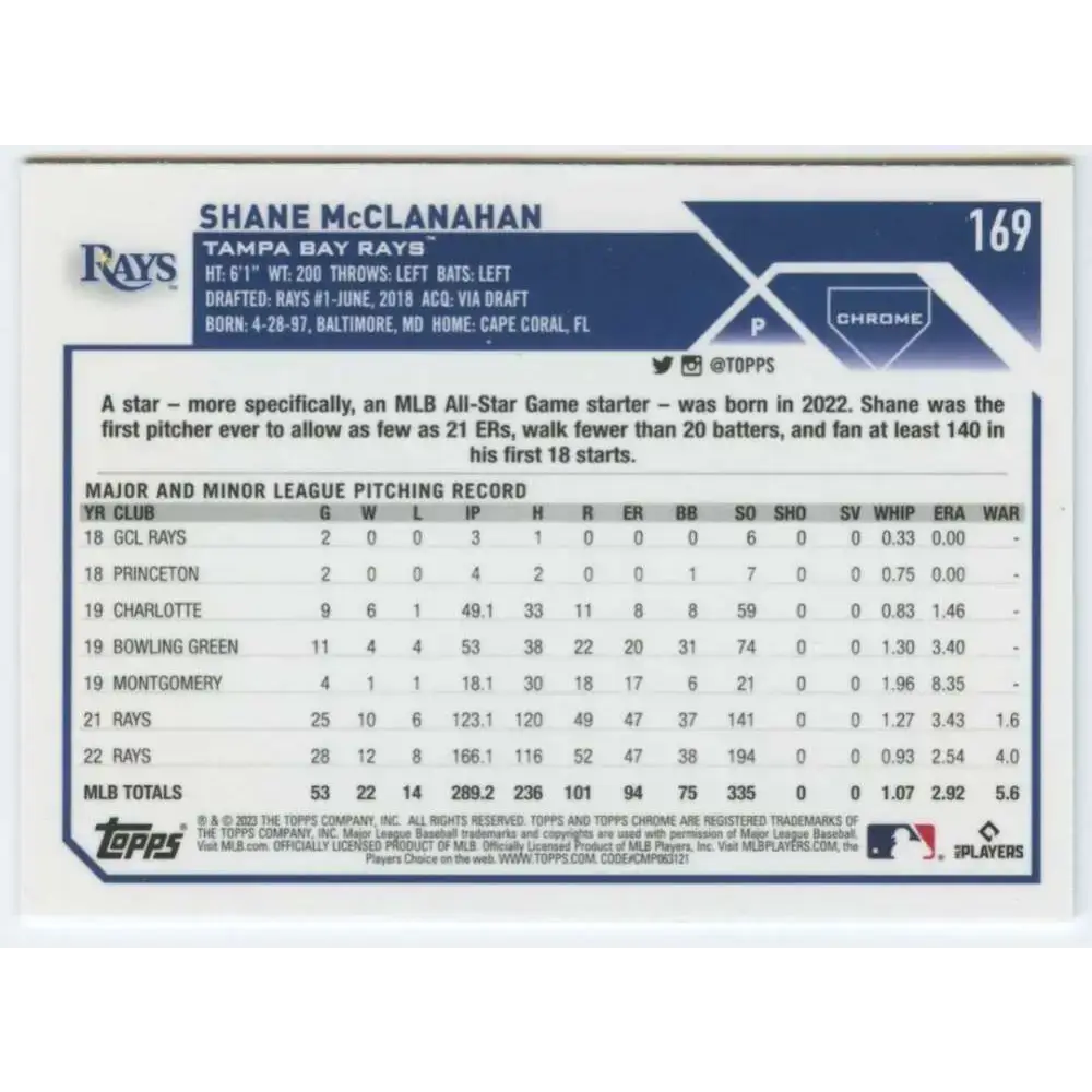 2023 Topps Chrome #169 Shane McClanahan NM-MT Tampa Bay Rays Baseball Card - Baseball Card Single