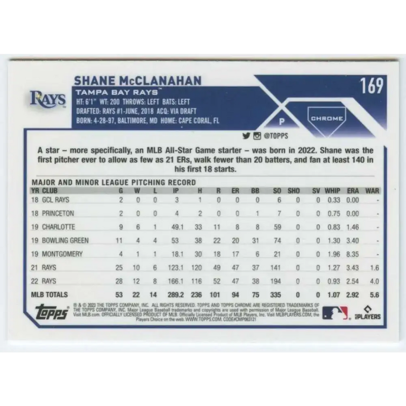 2023 Topps Chrome #169 Shane McClanahan NM-MT Tampa Bay Rays Baseball Card - Baseball Card Single