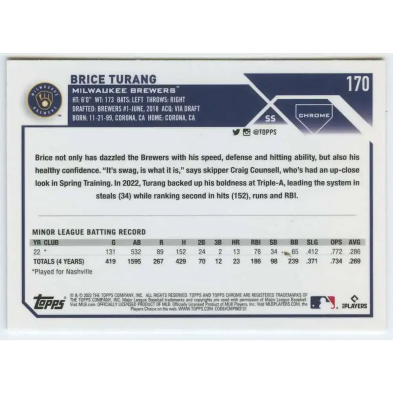 2023 Topps Chrome #170 Brice Turang NM-MT RC Rookie Milwaukee Brewers Baseball Card - Baseball Card Single