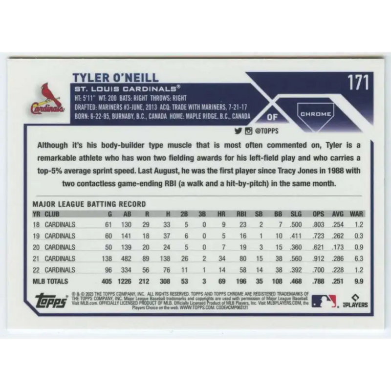 2023 Topps Chrome #171 Tyler O’Neill NM-MT St. Louis Cardinals Baseball Card - Baseball Card Single