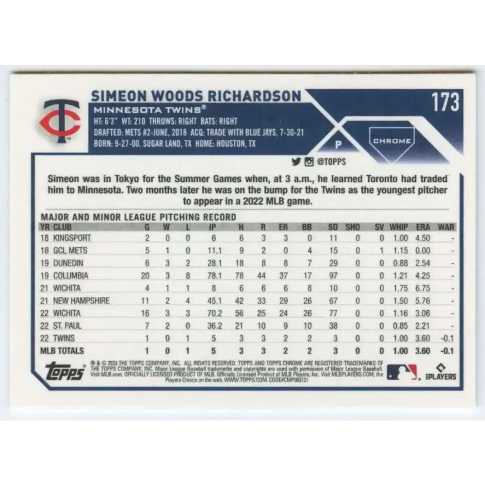 2023 Topps Chrome #173 Simeon Woods Richardson NM-MT RC Rookie Minnesota Twins Baseball Card - Baseball Card Single