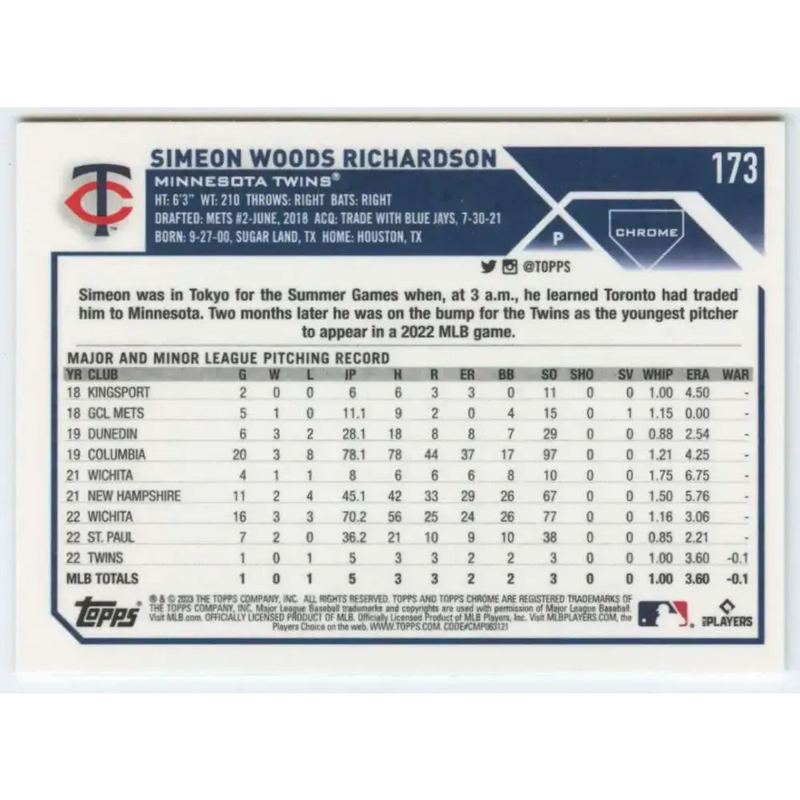 2023 Topps Chrome #173 Simeon Woods Richardson NM-MT RC Rookie Minnesota Twins Baseball Card - Baseball Card Single