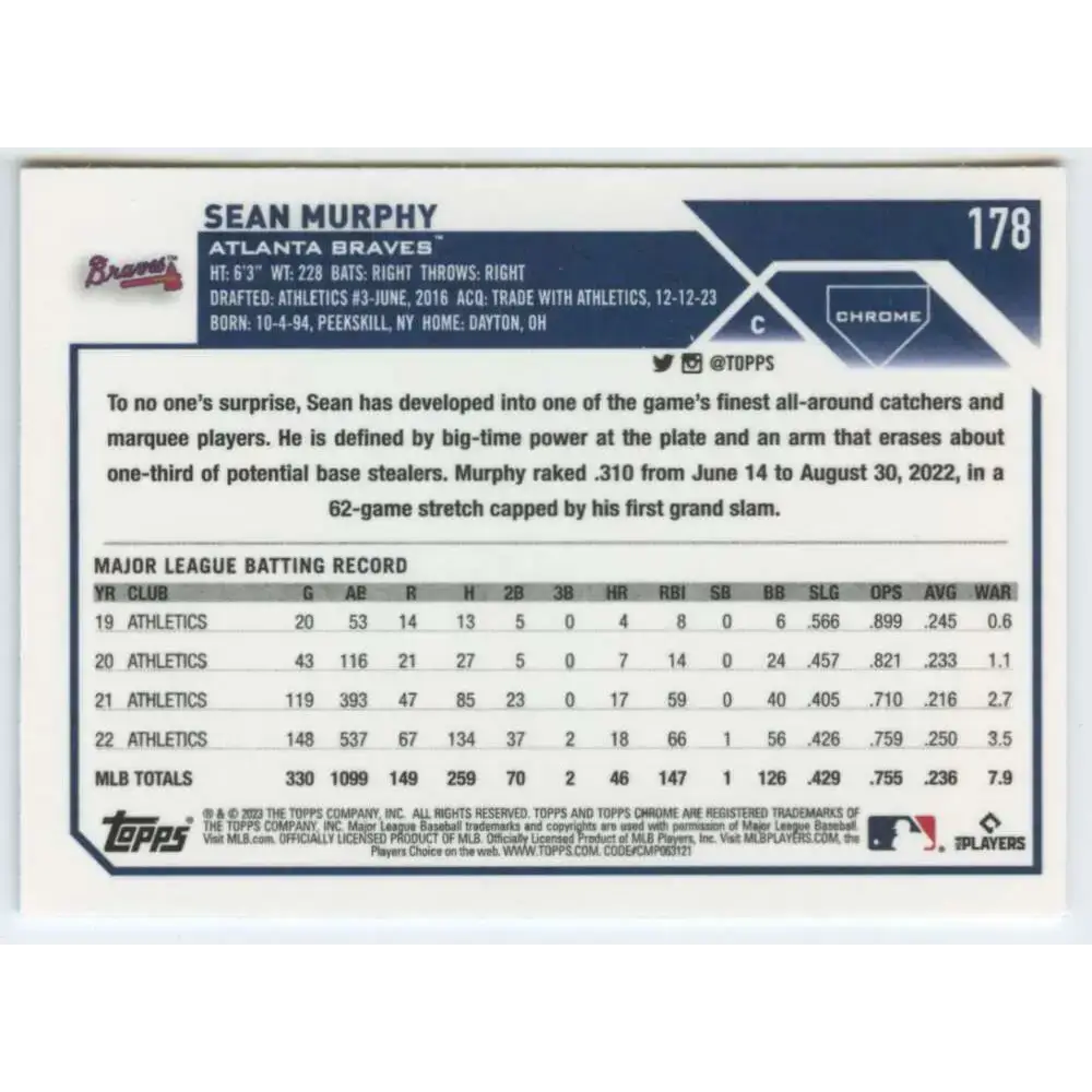 2023 Topps Chrome #178 Sean Murphy NM-MT Atlanta Braves Baseball Card - Baseball Card Single