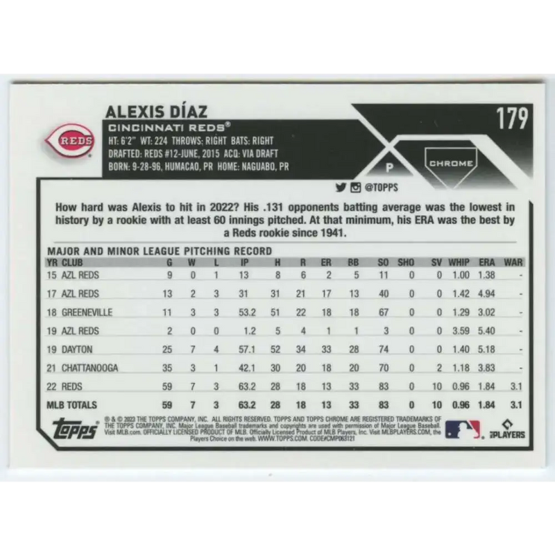 2023 Topps Chrome #179 Alexis Diaz NM-MT Cincinnati Reds Baseball Card - Baseball Card Single