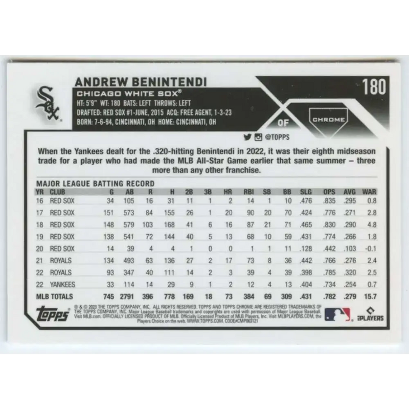 2023 Topps Chrome #180 Andrew Benintendi NM-MT Chicago White Sox Baseball Card - Baseball Card Single