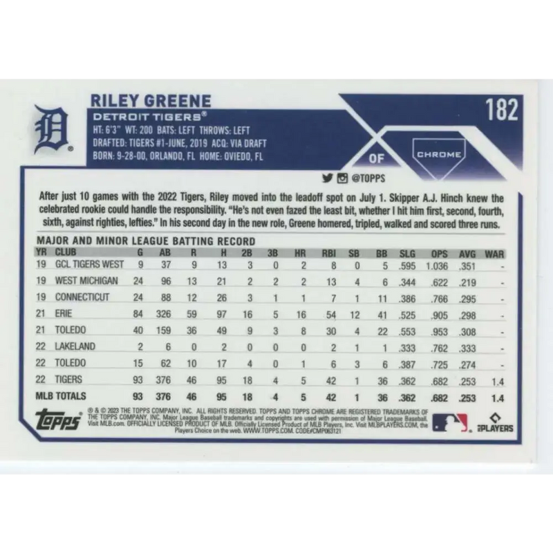 2023 Topps Chrome #182 Riley Greene NM-MT RC Rookie Detroit Tigers Baseball Card - Baseball Card Single
