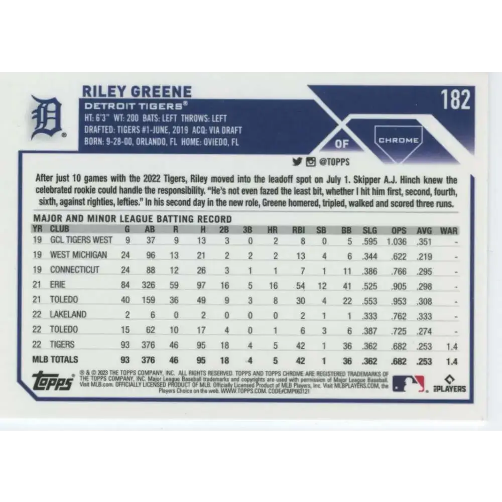 2023 Topps Chrome #182 Riley Greene NM-MT RC Rookie Detroit Tigers Baseball Card - Baseball Card Single