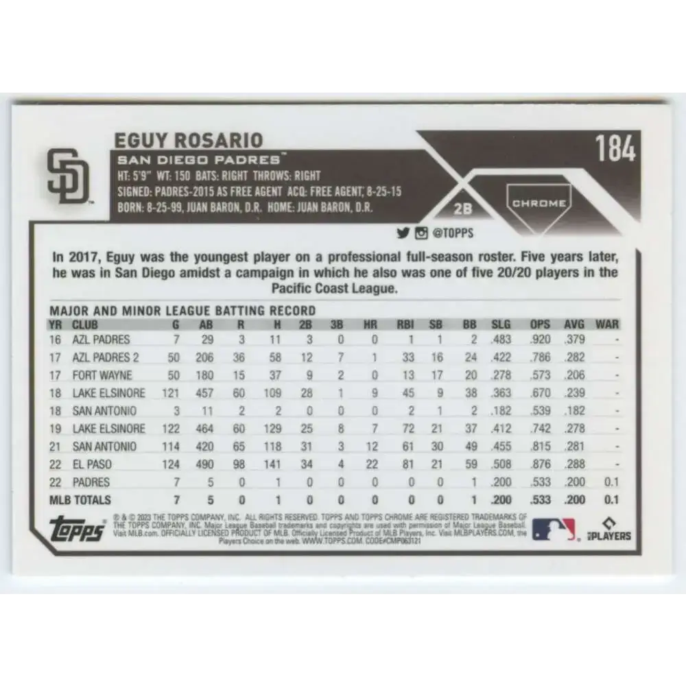 2023 Topps Chrome #184 Eguy Rosario NM-MT RC Rookie San Diego Padres Baseball Card - Baseball Card Single