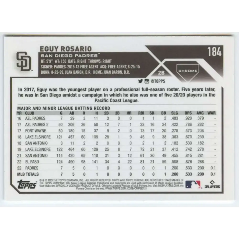 2023 Topps Chrome #184 Eguy Rosario NM-MT RC Rookie San Diego Padres Baseball Card - Baseball Card Single