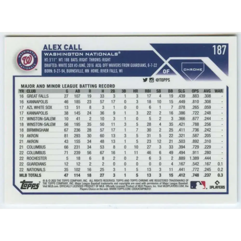 2023 Topps Chrome #187 Alex Call NM-MT RC Rookie Washington Nationals Baseball Card - Baseball Card Single