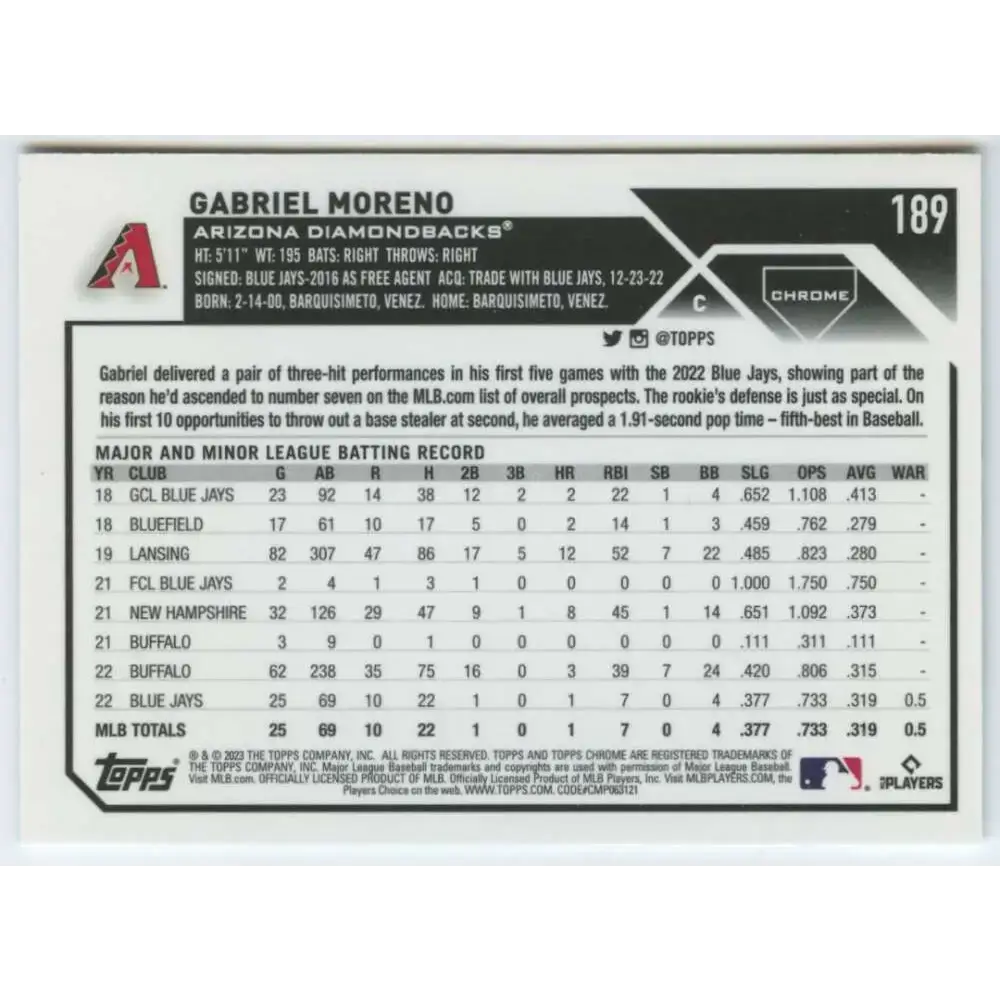 2023 Topps Chrome #189 Gabriel Moreno NM-MT RC Rookie Arizona Diamondbacks Baseball Card - Baseball Card Single