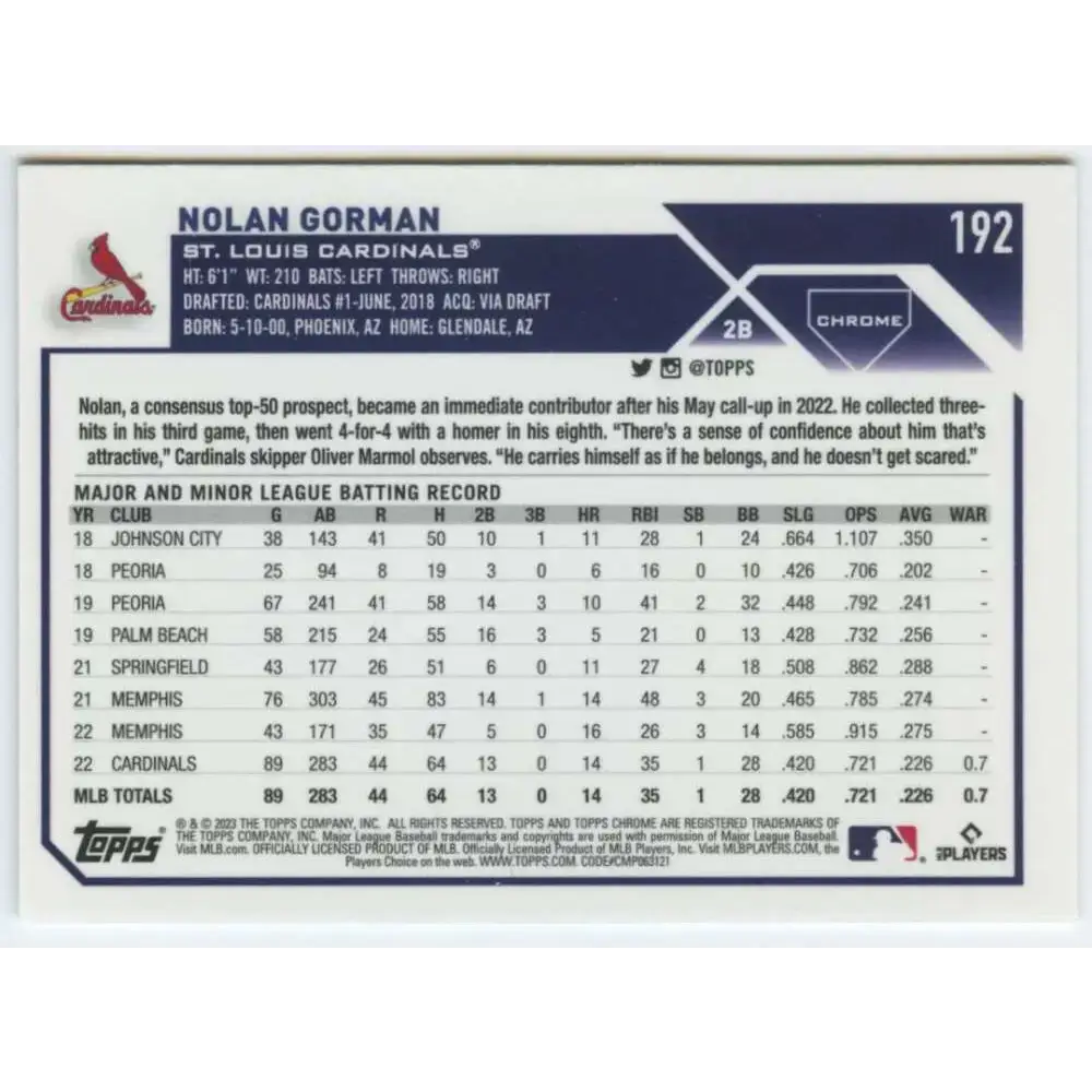 2023 Topps Chrome #192 Nolan Gorman NM-MT RC Rookie St. Louis Cardinals Baseball Card - Baseball Card Single