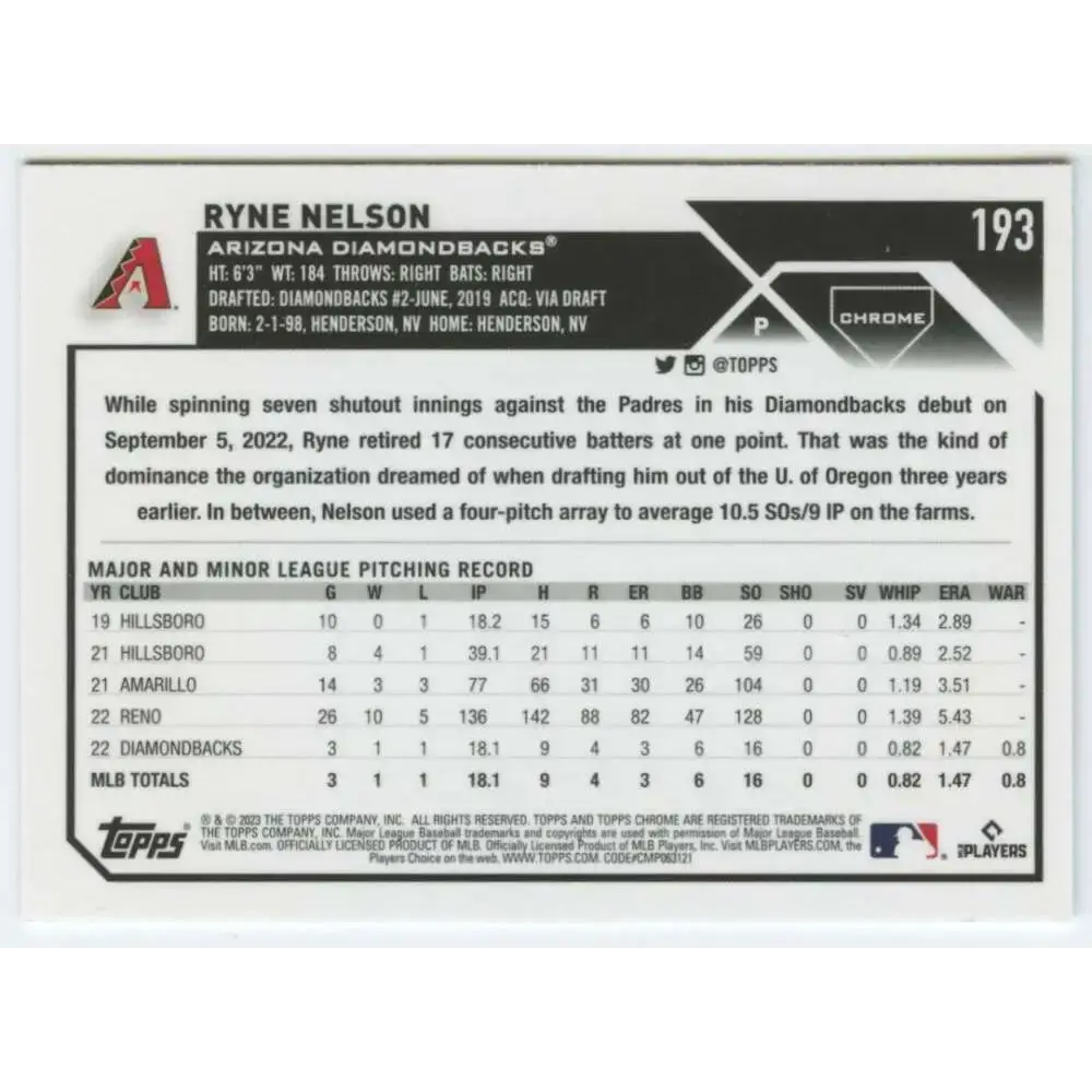 2023 Topps Chrome #193 Ryne Nelson NM-MT RC Rookie Arizona Diamondbacks Baseball Card - Baseball Card Single
