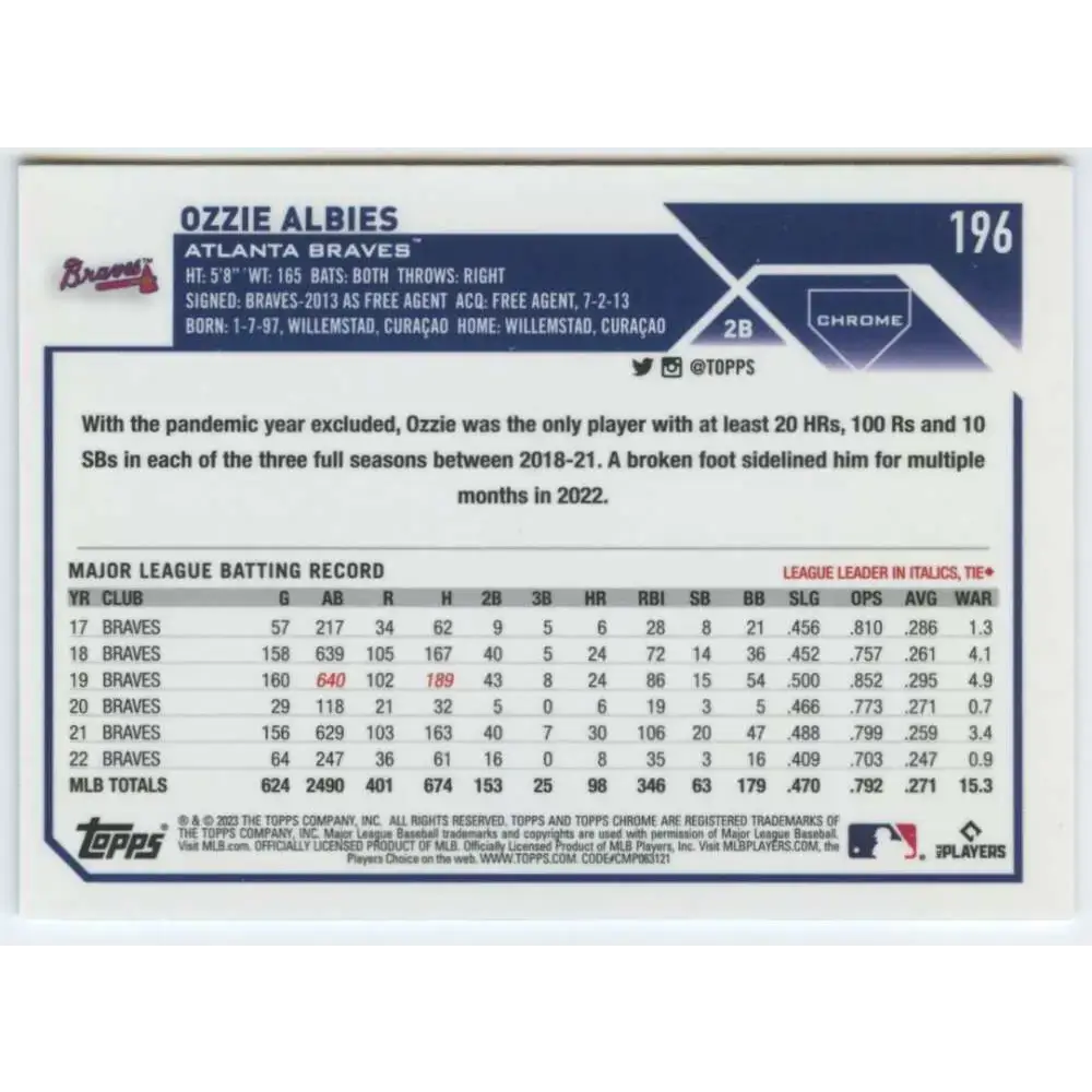 2023 Topps Chrome #196 Ozzie Albies NM-MT Atlanta Braves Baseball Card - Baseball Card Single