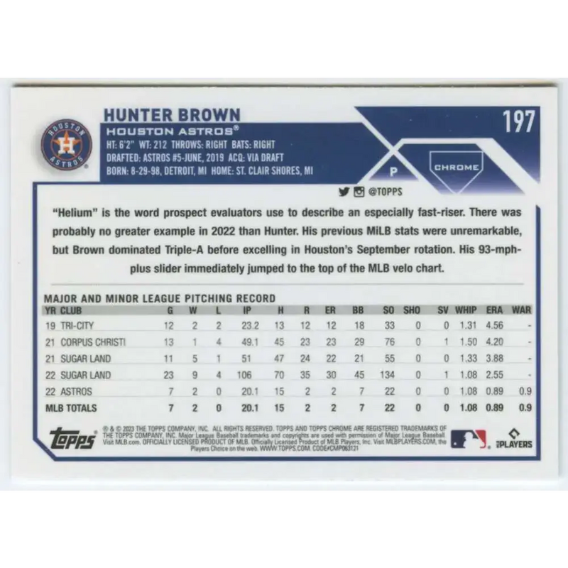 2023 Topps Chrome #197 Hunter Brown NM-MT RC Rookie Houston Astros Baseball Card - Baseball Card Single