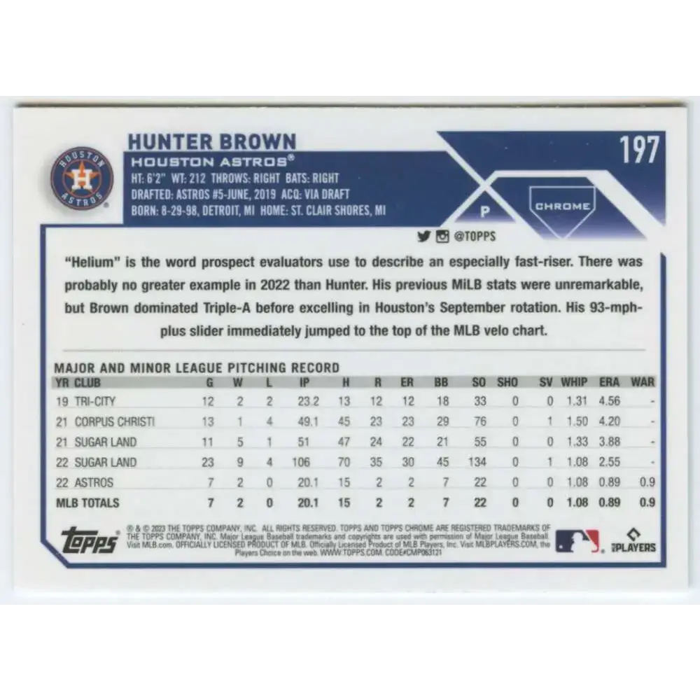2023 Topps Chrome #197 Hunter Brown NM-MT RC Rookie Houston Astros Baseball Card - Baseball Card Single