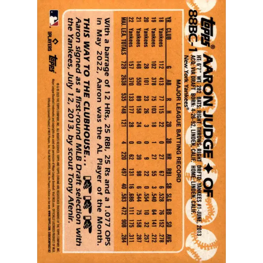2023 Topps Chrome 1988 Baseball Refractor #88BC-1 Aaron Judge NM-MT New York Yankees Baseball Card