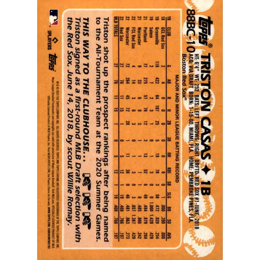 2023 Topps Chrome 1988 Baseball Refractor #88BC-10 Triston Casas NM-MT Boston Red Sox Baseball Card - Baseball Card