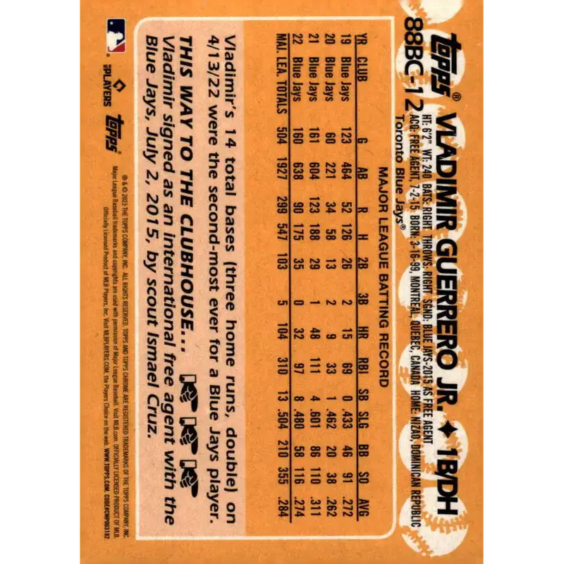 2023 Topps Chrome 1988 Baseball Refractor #88BC-12 Vladimir Guerrero Jr. NM-MT Toronto Blue Jays Baseball Card