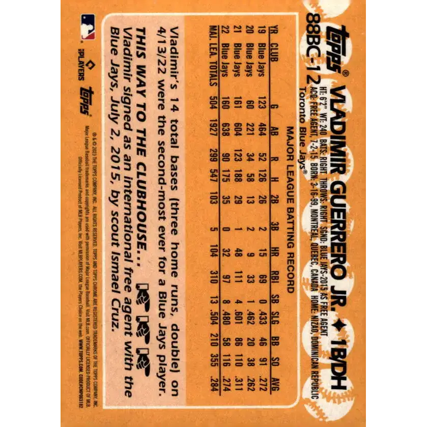 2023 Topps Chrome 1988 Baseball Refractor #88BC-12 Vladimir Guerrero Jr. NM-MT Toronto Blue Jays Baseball Card