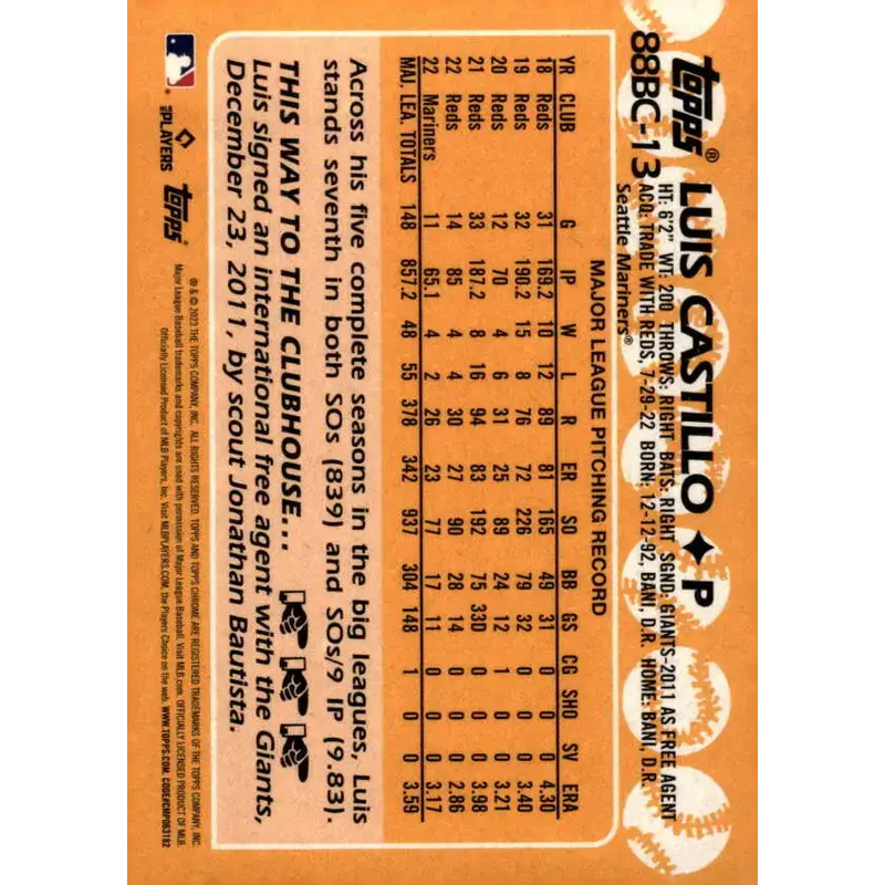 2023 Topps Chrome 1988 Baseball Refractor #88BC-13 Luis Castillo NM-MT Seattle Mariners Baseball Card - Baseball Card