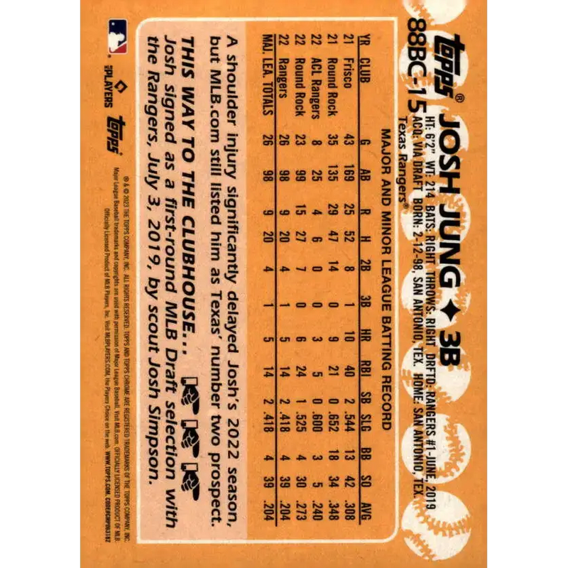 2023 Topps Chrome 1988 Baseball Refractor #88BC-15 Josh Jung NM-MT Texas Rangers Baseball Card - Baseball Card Single