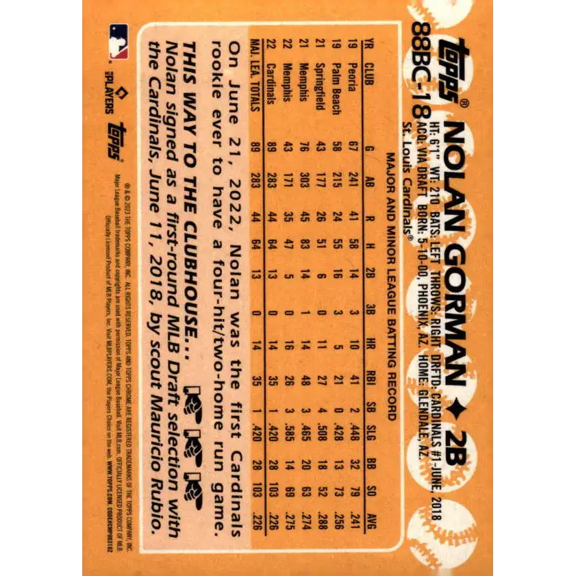 2023 Topps Chrome 1988 Baseball Refractor #88BC-18 Nolan Gorman NM-MT St. Louis Cardinals Baseball Card - Baseball Card