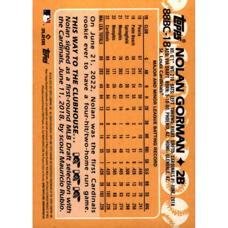 2023 Topps Chrome 1988 Baseball Refractor #88BC-18 Nolan Gorman NM-MT St. Louis Cardinals Baseball Card - Baseball Card