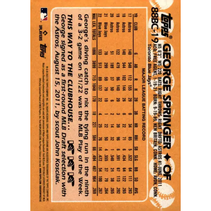 2023 Topps Chrome 1988 Baseball Refractor #88BC-19 George Springer NM-MT Toronto Blue Jays Baseball Card - Baseball