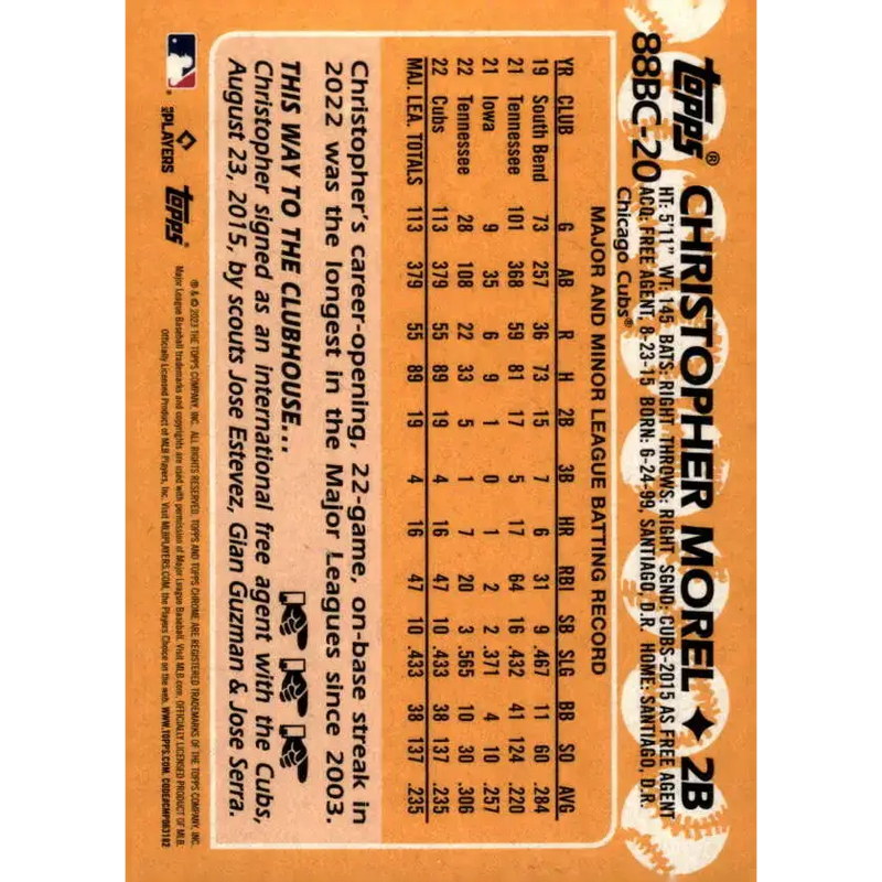 2023 Topps Chrome 1988 Baseball Refractor #88BC-20 Christopher Morel NM-MT Chicago Cubs Baseball Card - Baseball Card